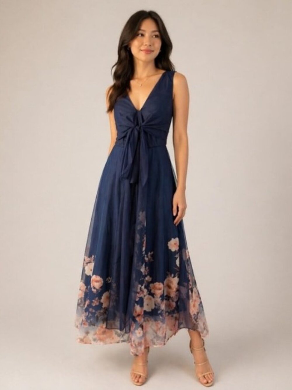 NWT Fehaute Navy Blue Floral V-neck Sleeveless A-Line Maxi Dress